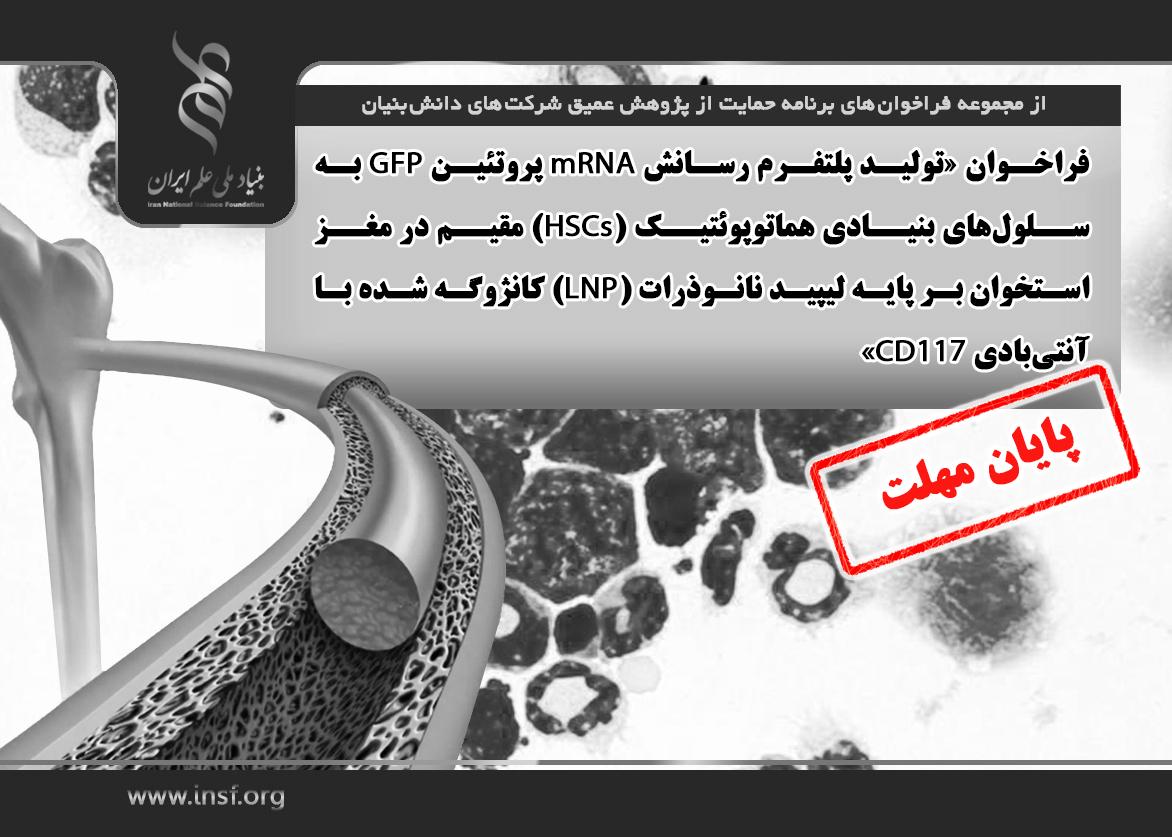 فراخوان «تولید پلتفرم رسانش mRNA پروتئین GFP به سلول‌های بنیادی هماتوپوئتیک (HSCs) مقیم در مغز استخوان بر پایه لیپید نانوذرات (LNP) کانژوگه شده با آنتی‌بادی CD۱۱۷»